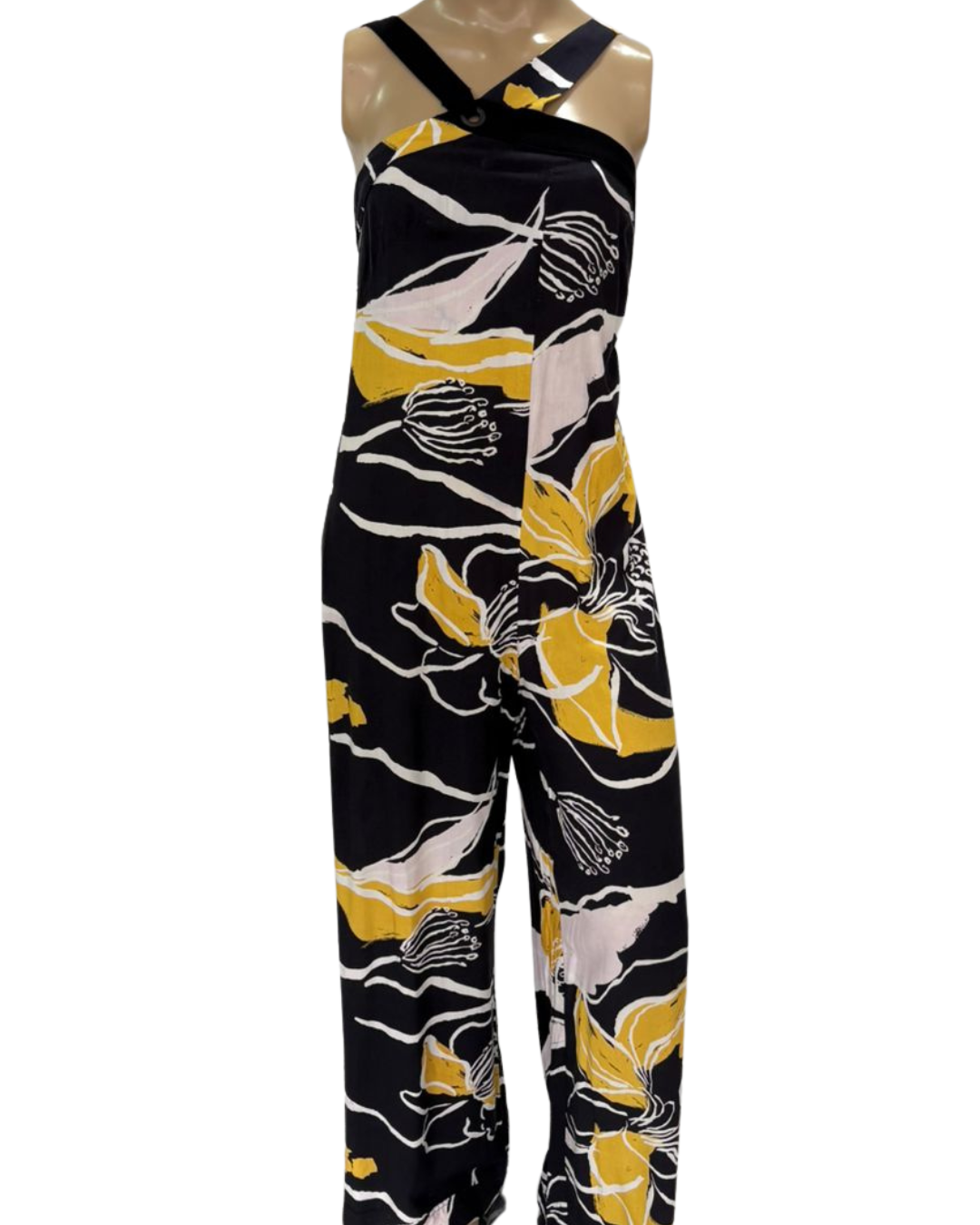 Macacão estampado Fundo preto com amarelo e branco