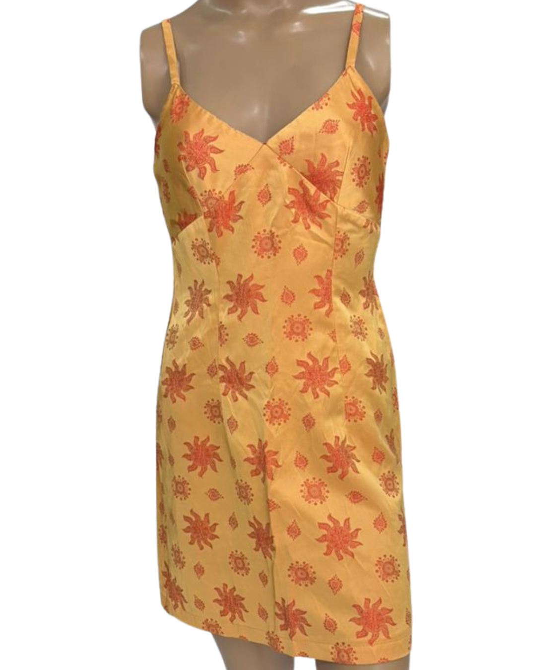 Vestido Casual com alças Tecido acetinado ouro com laranja TAM P