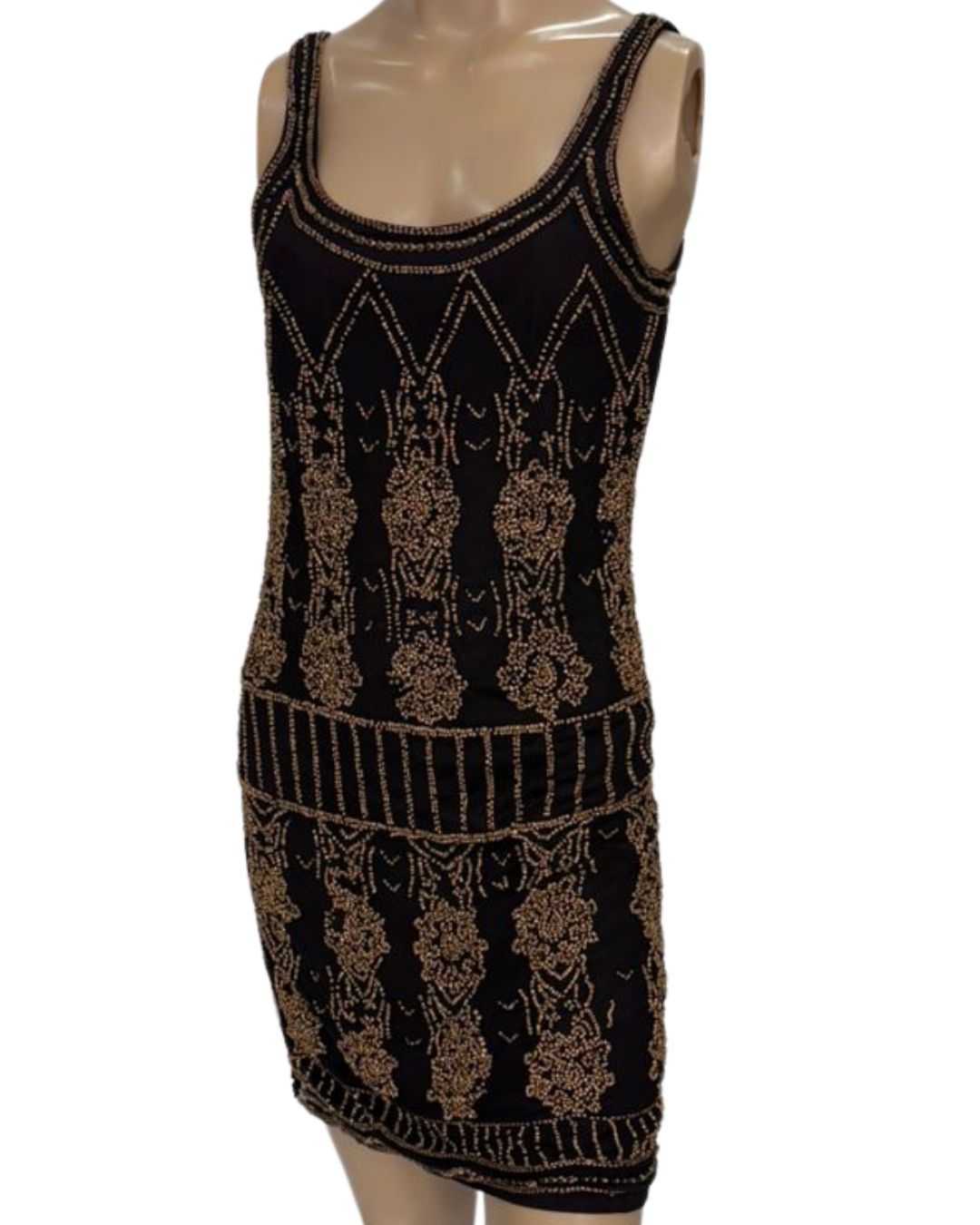 Vestido de Festa Preto bordado com missangas ouro velho. TAM P