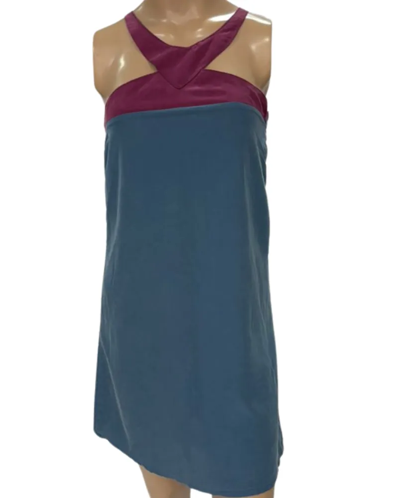 Vestido Casual de alças Petróleo com detalhes vinho (TAM P)